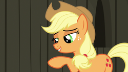 Size: 1280x720 | Tagged: safe, screencap, applejack, earth pony, pony, g4, not asking for trouble, female, freckles, lidded eyes, mare, raised hoof, solo