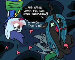 Size: 1280x1024 | Tagged: safe, artist:sugar morning, queen chrysalis, oc, oc:slipstream, changeling, changeling queen, pegasus, pony, g4, blushing, changeling feeding, cute, cutealis, duo, female, heart, love, male, mare, not soarin, stallion