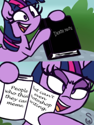 Size: 1080x1442 | Tagged: safe, artist:quarium edits, twilight sparkle, alicorn, pony, g4, book, death note, ed edd n eddy, exploitable meme, female, lidded eyes, meme, photoshop, solo, twilight sparkle (alicorn), twilight's death note, twilight's fact book