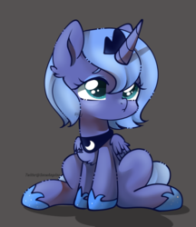 Size: 900x1040 | Tagged: safe, artist:snow angel, princess luna, alicorn, pony, g4, chest fluff, chibi, crown, cute, ear fluff, female, filly, gray background, jewelry, lunabetes, regalia, simple background, sitting, solo, wing fluff, woona, younger