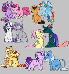 Size: 1400x1500 | Tagged: safe, artist:raggityfox, applejack, fluttershy, maud pie, pharynx, pinkie pie, quibble pants, rainbow dash, rarity, starlight glimmer, sunset shimmer, trixie, twilight sparkle, changedling, changeling, pony, g4, chibi, cloven hooves, colored hooves, crack shipping, female, gray background, leonine tail, lesbian, male, missing cutie mark, pharynxshy, prince pharynx, ship:appleshimmer, ship:quibbledash, ship:rarimaud, ship:startrix, ship:twinkie, shipping, simple background, straight