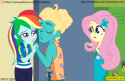 Size: 1239x803 | Tagged: safe, artist:conikiblasu-fan, fluttershy, rainbow dash, zephyr breeze, equestria girls, equestria girls series, g4, overpowered (equestria girls), blushing, clothes, dress, female, imminent kissing, male, patreon, patreon logo, ship:zephdash, shipping, straight, that escalated quickly