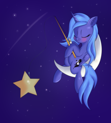 Size: 1346x1486 | Tagged: safe, artist:brok-enwings, princess luna, alicorn, pony, g4, blushing, crescent moon, cute, dreamworks, ear fluff, female, filly, filly luna, fishing, fishing rod, leg hold, lunabetes, moon, night, s1 luna, sleeping, sleeping on moon, solo, stars, tangible heavenly object, woona, younger