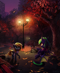 Size: 2146x2612 | Tagged: safe, artist:inowiseei, oc, oc only, oc:midnight angel, oc:pixel gamer, bat pony, pegasus, pony, autumn, bat pony oc, bench, clothes, commission, duo, female, high res, lamppost, manehattan, mare, night, park, scarf, scenery, smiling, tree