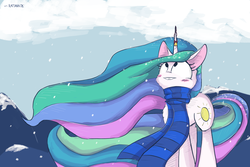 Size: 4500x3000 | Tagged: safe, artist:ratann, princess celestia, alicorn, pony, g4, clothes, female, looking up, mare, scarf, smiling, snow, snowfall, solo