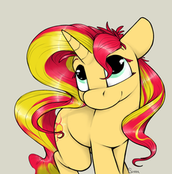 Size: 1280x1303 | Tagged: safe, artist:sinrar, sunset shimmer, pony, unicorn, g4, cute, female, gray background, looking up, mare, shimmerbetes, simple background, smiling, solo, white background