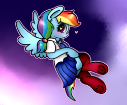Size: 3880x3192 | Tagged: safe, artist:anykoe, rainbow dash, pegasus, pony, g4, adorasexy, blushing, clothes, cute, dashabetes, female, heart, heart eyes, high res, looking at you, mare, pigtails, sexy, sky, socks, solo, spread wings, wingding eyes, wings, zettai ryouiki
