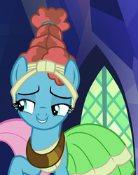 Size: 861x1090 | Tagged: safe, edit, edited screencap, screencap, meadowbrook, earth pony, pony, g4, shadow play, clothes, cropped, female, lidded eyes, mare, meadowcute, raised hoof, smiling, solo