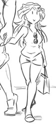 Size: 361x804 | Tagged: safe, artist:nayaasebeleguii, sunset shimmer, oc, oc:anon, equestria girls, g4, cropped, cute, legs, monochrome, shimmerbetes, size difference, solo focus, sunglasses, walking