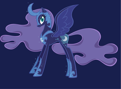 Size: 763x560 | Tagged: safe, artist:lauren faust, color edit, edit, nightmare moon, alicorn, pony, g4, alternate design, blue background, colored, concept art, curved horn, eyeshadow, female, horn, makeup, monochrome, old design, simple background, solo, vector