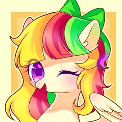 Size: 1100x1100 | Tagged: safe, artist:leafywind, oc, oc only, pegasus, pony, abstract background, blushing, female, mare, one eye closed, solo, wink