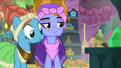 Size: 1136x640 | Tagged: safe, lilac meadow, meadowbrook, chipmunk, earth pony, pony, a health of information, g4, female, happy, mare, meadowbrook's home, meadowcute, mother and daughter, smiling