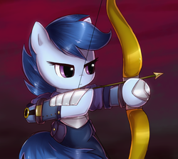 Size: 1003x900 | Tagged: safe, artist:nika191319, archer (character), scootablue, pony, g4, archer, arrow, bow (weapon), bow and arrow, clothes, female, filly, namesake, pun, solo, visual pun, weapon