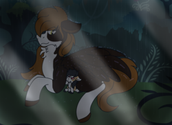 Size: 2896x2104 | Tagged: safe, artist:euspuche, oc, oc only, oc:liliya krasnyy, oc:punish mittet, earth pony, pegasus, pony, father and daughter, female, filly, forest, high res, male, rain