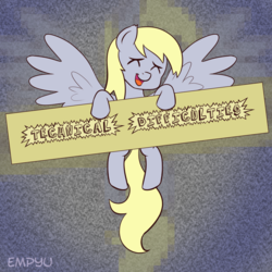 Size: 1000x1000 | Tagged: safe, artist:empyu, derpy hooves, pegasus, pony, g4, eyes closed, female, mare, sign, smiling, solo, technical difficulties