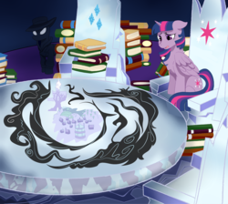Size: 1100x985 | Tagged: safe, artist:dbkit, twilight sparkle, alicorn, pony, fanfic:no one to remember, g4, book, commission, cover art, cutie map, female, fimfiction, friendship throne, mare, ponyville, smoke, table, twilight sparkle (alicorn)