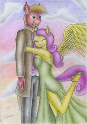 Size: 1641x2326 | Tagged: safe, artist:sinaherib, big macintosh, fluttershy, pegasus, anthro, g4, big breasts, breasts, busty fluttershy, clothes, dress, eyes closed, female, hug, male, ship:fluttermac, shipping, side slit, smiling, straight, traditional art