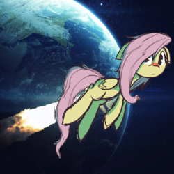 Size: 1280x1280 | Tagged: safe, artist:lilboulder, fluttershy, pegasus, pony, g4, earth, female, flying, looking at you, mare, messy mane, red nosed, rocket, sick, solo, space, wat