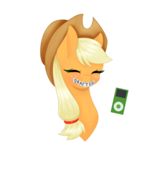 Size: 3000x3400 | Tagged: safe, artist:kittennugget, applejack, earth pony, pony, friendship is witchcraft, g4, bust, female, high res, ipod, portrait, simple background, solo, tape, transparent background