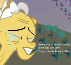 Size: 490x448 | Tagged: safe, edit, edited screencap, editor:korora, screencap, grand pear, lullaby for a princess, g4, the perfect pear, cropped, crying, implied pear butter, lyrics, sad, song reference, sweet apple acres, tears of pain