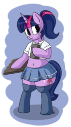 Size: 2430x4320 | Tagged: safe, artist:andelai, twilight sparkle, pony, unicorn, semi-anthro, g4, arm hooves, belly, belly button, bipedal, book, clothes, cute, female, kneesocks, midriff, miniskirt, pleated skirt, ponytail, shirt, short shirt, simple background, skirt, socks, solo, thigh highs, wide hips, zettai ryouiki