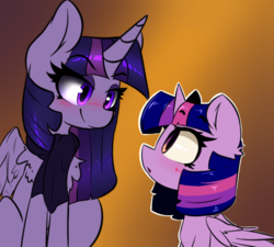 Size: 540x487 | Tagged: safe, artist:duop-qoub, artist:luxaestas, twilight sparkle, alicorn, pony, descended twilight, blushing, clothes, duality, eye contact, female, lidded eyes, looking at each other, looking at someone, mare, scarf, self paradox, self ponidox, smiling, twilight sparkle (alicorn)