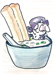 Size: 613x861 | Tagged: safe, artist:shoeunit, rarity, pony, unicorn, g4, colored pencil drawing, congee, female, food, mare, ponies in food, solo, traditional art, youtiao