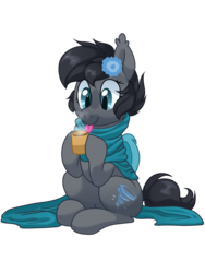 Size: 2250x3000 | Tagged: safe, artist:guzzlord, oc, oc only, oc:seachell, bat pony, :p, bat pony oc, clothes, cute, flower, flower in hair, high res, mug, ocbetes, scarf, silly, simple background, tongue out, transparent background