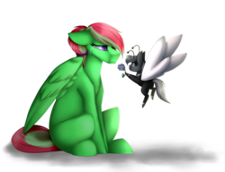 Size: 5050x3882 | Tagged: safe, artist:umiimou, oc, oc only, oc:event horizon, oc:fire sugar, breezie, pegasus, pony, absurd resolution, crying, female, flower, glasses, mare, simple background, sitting, size difference, transparent background