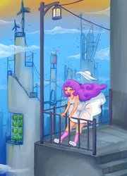 Size: 922x1280 | Tagged: safe, artist:basketgardevoir, oc, oc only, oc:windcatcher, human, breasts, city, clothes, commission, dress, evening, eyes closed, eyeshadow, female, hat, humanized, humanized oc, makeup, scenery, see-through skirt, socks, solo, sun hat, sundress, tower, wind, windswept hair