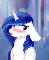Size: 1765x2160 | Tagged: safe, artist:alphadesu, shining armor, g4, blushing, chest fluff, ear fluff, gleaming shield, rule 63, solo, tongue out