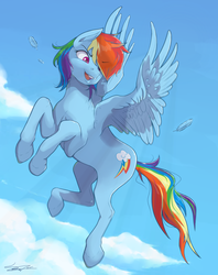 Size: 2353x2969 | Tagged: safe, artist:sydneyitssydneyyo, rainbow dash, g4, cloud, feather, female, flying, hair over one eye, high res, looking down, open mouth, signature, sky, solo, spread wings, wings