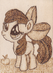 Size: 583x793 | Tagged: safe, artist:malte279, apple bloom, g4, cute, pyrography, sad, traditional art