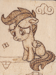 Size: 602x806 | Tagged: safe, artist:malte279, scootaloo, butterfly, g4, cute, pyrography, sad, traditional art