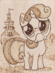 Size: 585x780 | Tagged: safe, artist:malte279, sweetie belle, g4, carousel boutique, cute, pyrography, sad, sweetie frown, traditional art