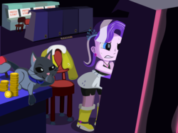 Size: 1200x900 | Tagged: safe, artist:magerblutooth, diamond tiara, oc, oc:dazzle, cat, comic:diamond and dazzle, equestria girls, g4, arcade, arcade cabinet, bits, boots, chair, clothes, high heel boots, jacket, shoes