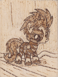 Size: 593x784 | Tagged: safe, artist:malte279, scootaloo, g4, pyrography, show stoppers outfit, stage, traditional art