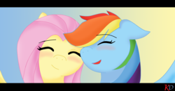 Size: 2164x1136 | Tagged: safe, artist:khaotixdreamfd, fluttershy, rainbow dash, pegasus, pony, g4, blushing, eyes closed, female, happy, lesbian, mare, ship:flutterdash, shipping, signature