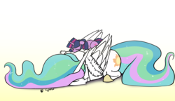 Size: 4200x2413 | Tagged: safe, artist:greyscaleart, princess celestia, twilight sparkle, alicorn, pony, unicorn, the tiny apprentice, g4, cute, duo, female, filly, filly twilight sparkle, gradient background, high res, mare, momlestia, sleeping, teacher, teacher and student, twiabetes, younger