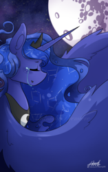 Size: 1024x1627 | Tagged: safe, alternate version, artist:midnightpremiere, princess luna, alicorn, pony, g4, commission, constellation, crying, eyes closed, female, mare, mare in the moon, moon, night, solo