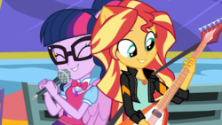 Size: 1280x720 | Tagged: safe, screencap, sci-twi, sunset shimmer, twilight sparkle, eqg summertime shorts, equestria girls, g4, get the show on the road, bowtie, bus, clothes, cute, duo, electric guitar, eyes closed, flying v, geode of empathy, geode of telekinesis, glasses, guitar, jacket, leather jacket, microphone, musical instrument, ponied up, sci-twilicorn, shimmerbetes, singing, sunset shredder, twiabetes, wings