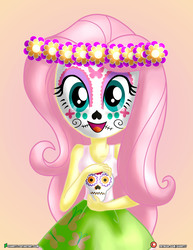 Size: 1500x1942 | Tagged: safe, artist:dieart77, fluttershy, human, equestria girls, g4, clothes, cute, dia de los muertos, face paint, female, looking at you, open mouth, shyabetes, skirt, skull, solo, tank top