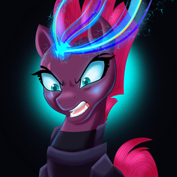 Size: 2224x2224 | Tagged: safe, artist:mlp-firefox5013, tempest shadow, g4, my little pony: the movie, angry, armor, black background, broken horn, female, high res, horn, open mouth, simple background, solo
