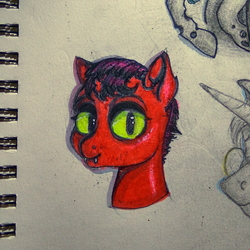 Size: 1878x1878 | Tagged: safe, artist:kamorkakat, cat pony, demon pony, original species, pony, unicorn, bust, cat ears, cat eyes, drawing, green eyes, head, heck, marker drawing, paper, pencil drawing, portrait, slit pupils, traditional art