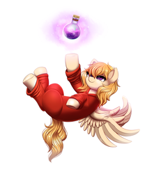 Size: 1899x2151 | Tagged: safe, alternate version, artist:confetticakez, oc, oc only, oc:melody (potion mare), pegasus, pony, fanfic:potion mare, alchemist, bottle, clothes, digital art, fanfic, fanfic art, female, levitation, long mane, magic, mare, potion, purple eyes, reaching, robe, simple background, smiling, solo, spread wings, telekinesis, upside down, white background, wings