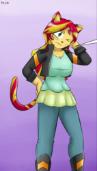 Size: 535x940 | Tagged: safe, artist:dinobirdofdoom, sunset shimmer, human, equestria girls, g4, big breasts, boots, breasts, busty sunset shimmer, cat nose, cat tail, catgirl, catified, clothes, commission, cropcon, cropped, cute, explicit source, female, huge breasts, jacket, jeans, nyanset shimmer, one eye closed, pants, ponytail, shoes, solo, species swap, tail, whiskers