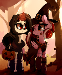 Size: 3117x3744 | Tagged: safe, artist:luxaestas, oc, oc only, oc:cherry blossom, oc:shurelya, pegasus, pony, unicorn, clothes, costume, couple, female, glowing horn, halloween, high res, holiday, horn, lesbian, looking at each other, magic, oc x oc, pumpkin bucket, shipping, skeleton costume, smiling, tongue out, tree, witch