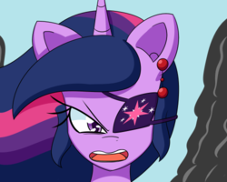 Size: 500x400 | Tagged: safe, artist:jake heritagu, twilight sparkle, pony, comic:ask motherly scootaloo, g4, angry, ear piercing, earring, eyepatch, female, jewelry, piercing, smoke, solo
