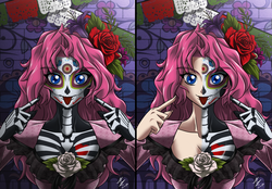 Size: 3200x2222 | Tagged: safe, artist:mauroz, pinkie pie, human, g4, clothes, dia de los muertos, face paint, female, high res, humanized, looking at you, pinkamena diane pie, smiling, solo