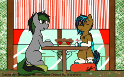 Size: 1280x800 | Tagged: safe, oc, oc only, earth pony, pony, unicorn, date, lunch, outdoors, pillow, relaxing, trace